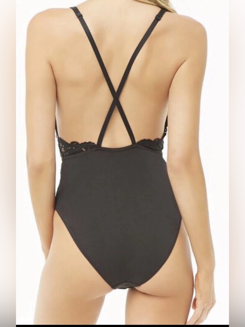 Forever 21 Black Lace Deep V One-Piece Bodysuit Lingerie - Picture 2 of 4